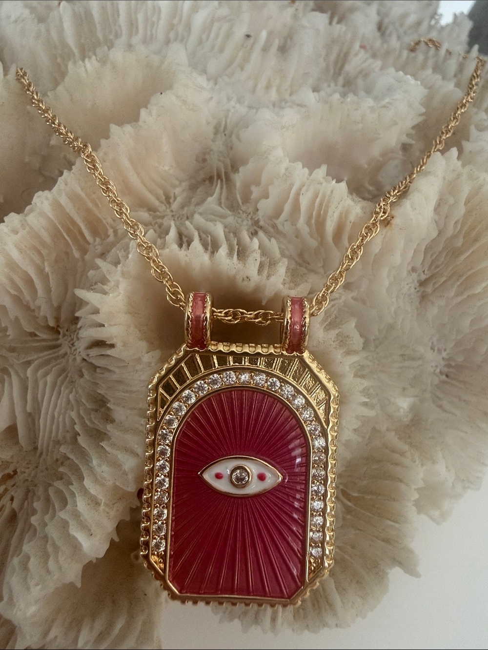 Gold and Pink Evil Eye Rectangular Pendant Necklace - Women/Unisex Jewelry